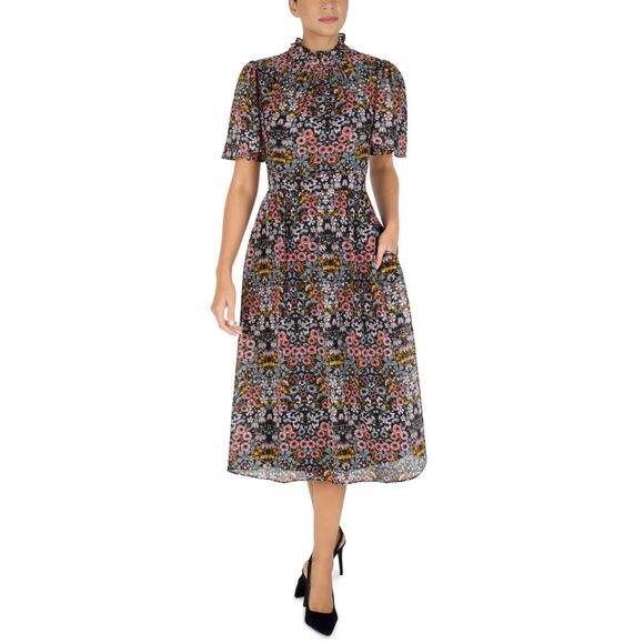Julia Jordan Flutter Sleeve Ruffle Mock Neck Midi Dress Floral Black Size 8 - Picture 1 of 8